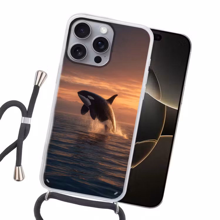 Orka - Zee - Zonsondergang Hoesje iPhone 16 Pro Max met koord klein -sfeer1