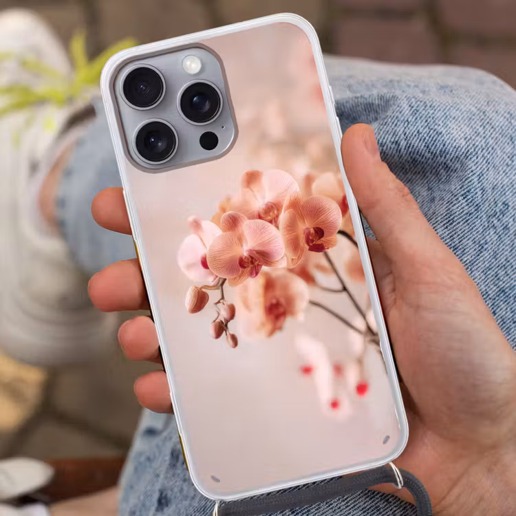 Orchidee - Bloemen - Roze - Bloemblaadjes Hoesje iPhone 16 Pro Max met koord klein -sfeer3