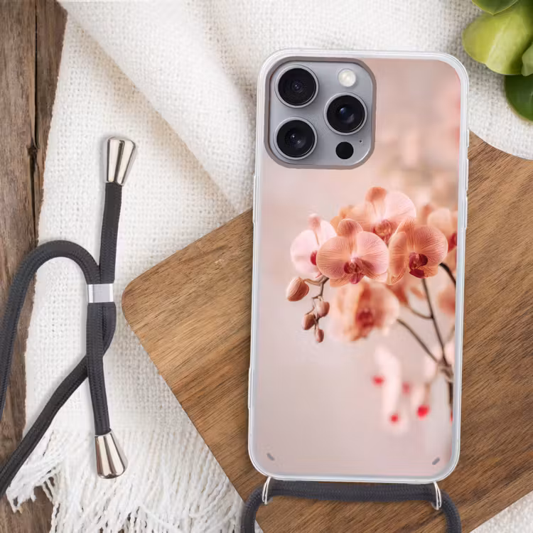 Orchidee - Bloemen - Roze - Bloemblaadjes Hoesje iPhone 16 Pro Max met koord klein -sfeer4