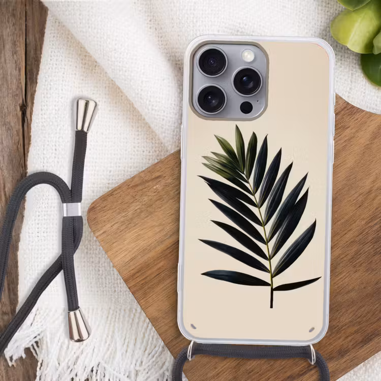 Palmblad - Donkere bladen - Subtiel Hoesje iPhone 16 Pro Max met koord klein -sfeer4