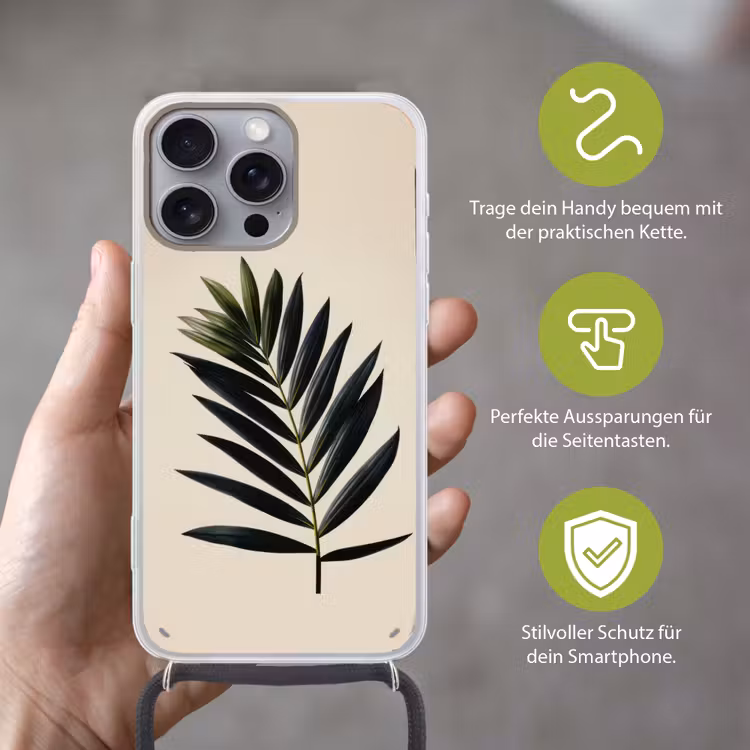 Palmblad - Donkere bladen - Subtiel Hoesje iPhone 16 Pro Max met koord klein -sfeer2_DE