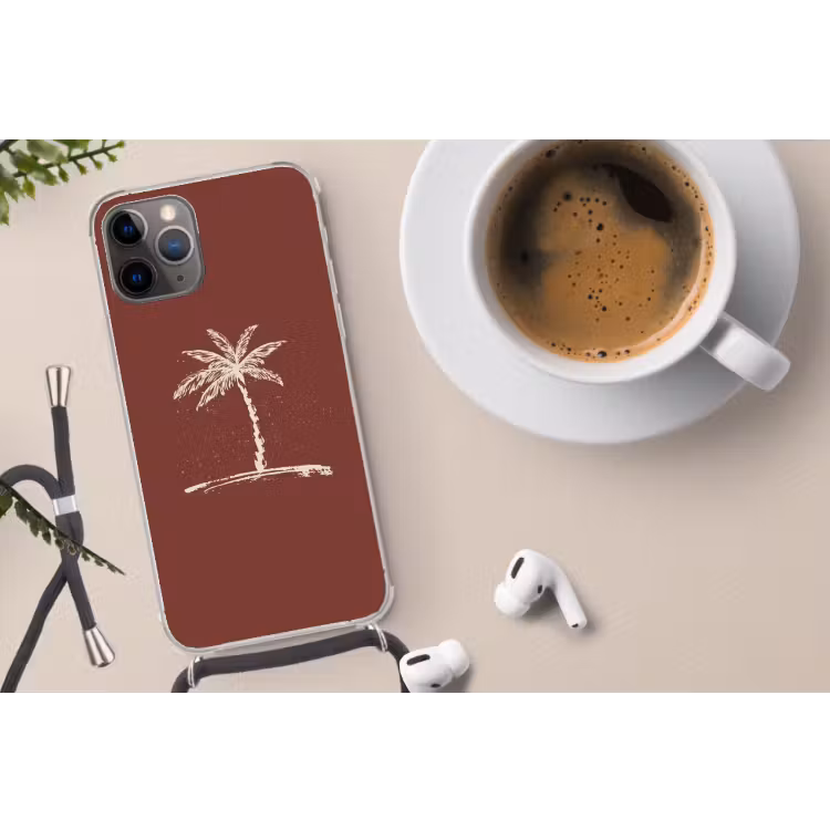 Palmboom - Beige - Rood - Tropisch Hoesje iPhone 12 Pro met koord klein -oordop
