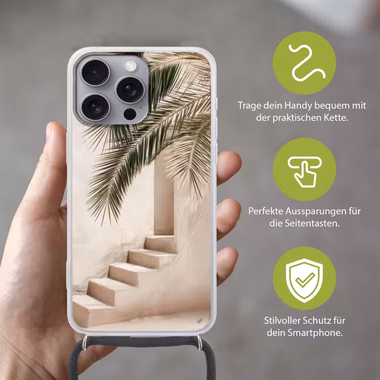 Palmboom - Schaduw - Trap - Beige Hoesje iPhone 16 Pro Max met koord klein -sfeer2_DE