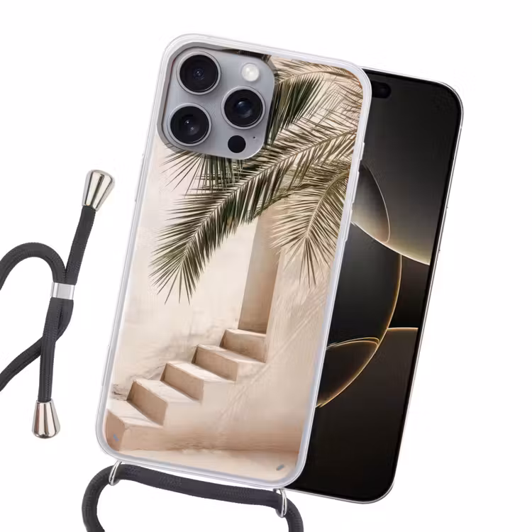 Palmboom - Schaduw - Trap - Beige Hoesje iPhone 16 Pro Max met koord klein -sfeer1