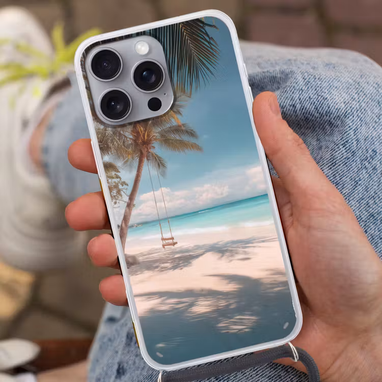 Palmboom - Schommel - Strand - Lucht Hoesje iPhone 16 Pro Max met koord klein -sfeer3