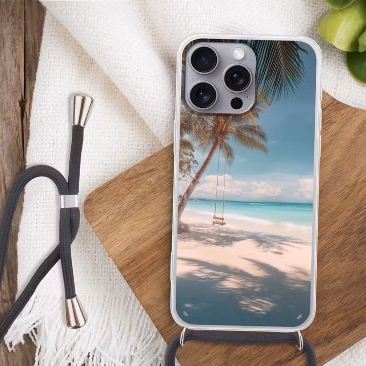 Palmboom - Schommel - Strand - Lucht Hoesje iPhone 16 Pro Max met koord klein -sfeer4