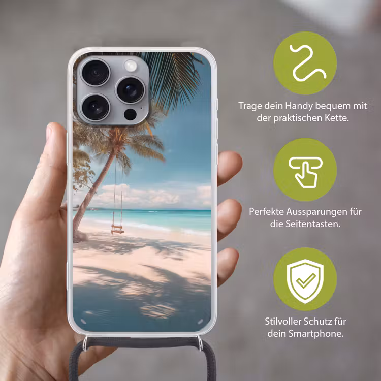 Palmboom - Schommel - Strand - Lucht Hoesje iPhone 16 Pro Max met koord klein -sfeer2_DE