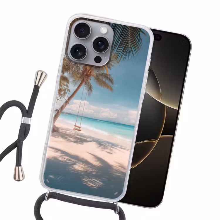 Palmboom - Schommel - Strand - Lucht Hoesje iPhone 16 Pro Max met koord klein -sfeer1