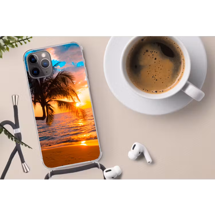 Palm - Zonsondergang - Horizon - Strand - Zee Hoesje iPhone 12 Pro met koord klein -oordop