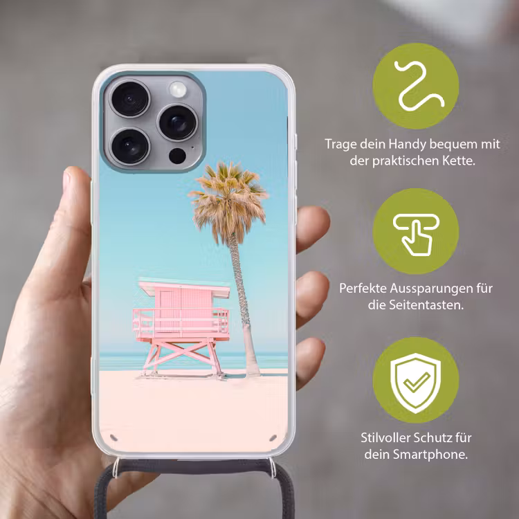 Palmboom - Strandhuis - Roze Hoesje iPhone 16 Pro Max met koord klein -sfeer2_DE