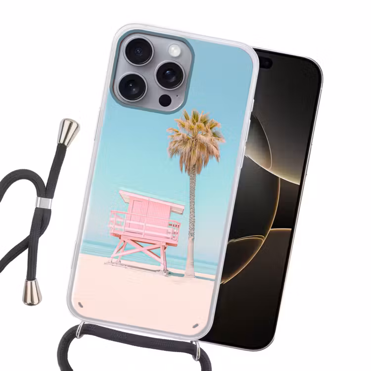 Palmboom - Strandhuis - Roze Hoesje iPhone 16 Pro Max met koord klein -sfeer1