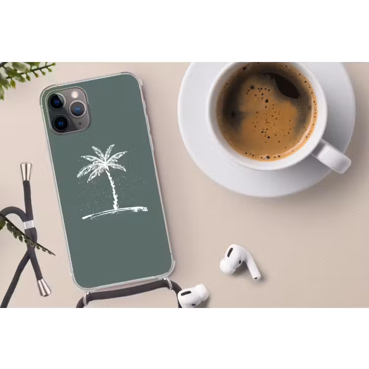 Palmboom - Wit - Groen - Tropisch Hoesje iPhone 12 Pro met koord klein -oordop