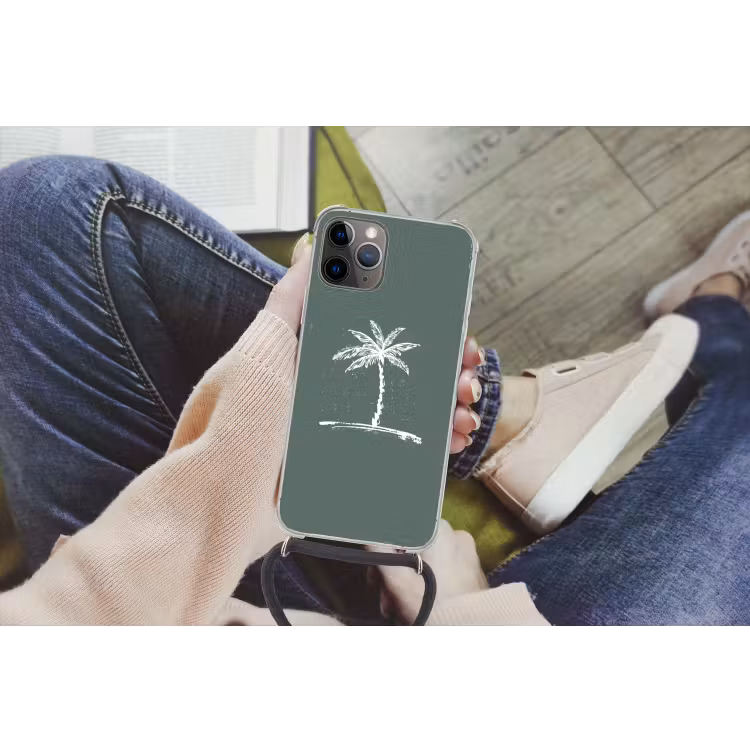 Palmboom - Wit - Groen - Tropisch Hoesje iPhone 12 Pro met koord klein -hand
