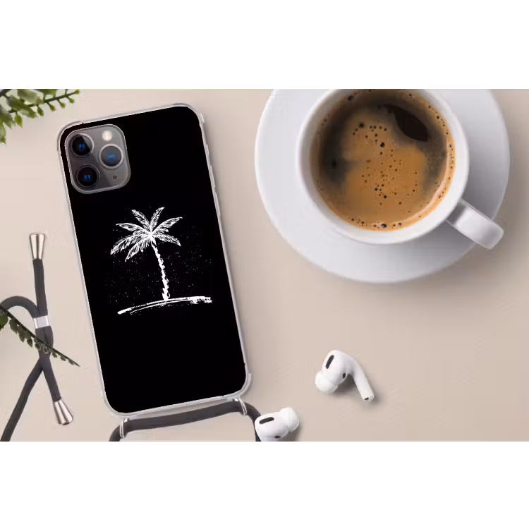 Palmboom - Wit - Zwart - Tropisch Hoesje iPhone 12 Pro met koord klein -oordop