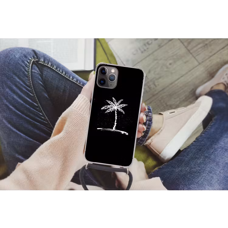 Palmboom - Wit - Zwart - Tropisch Hoesje iPhone 12 Pro met koord klein -hand
