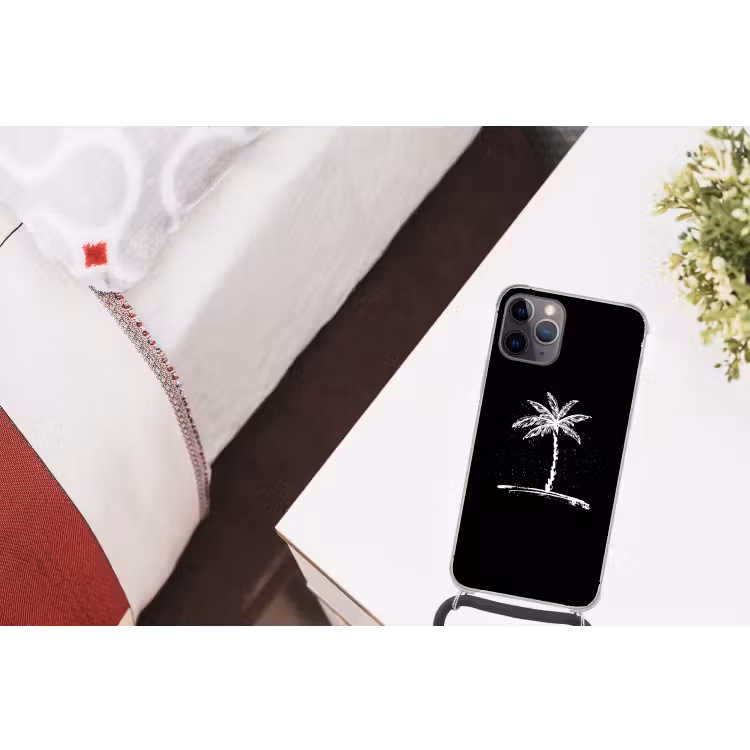 Palmboom - Wit - Zwart - Tropisch Hoesje iPhone 12 Pro met koord klein -kamer