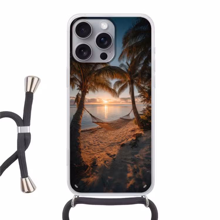 Palmbomen - Hangmat - Strand - Zonsondergang Hoesje iPhone 16 Pro Max met koord klein -3d