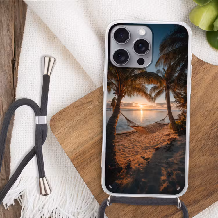 Palmbomen - Hangmat - Strand - Zonsondergang Hoesje iPhone 16 Pro Max met koord klein -sfeer4