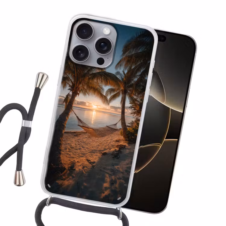 Palmbomen - Hangmat - Strand - Zonsondergang Hoesje iPhone 16 Pro Max met koord klein -sfeer1