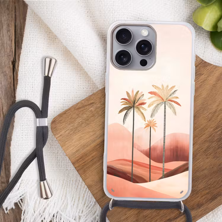 Palmbomen - Heuvels - Minimalistisch - Zachtroze Hoesje iPhone 16 Pro Max met koord klein -sfeer4