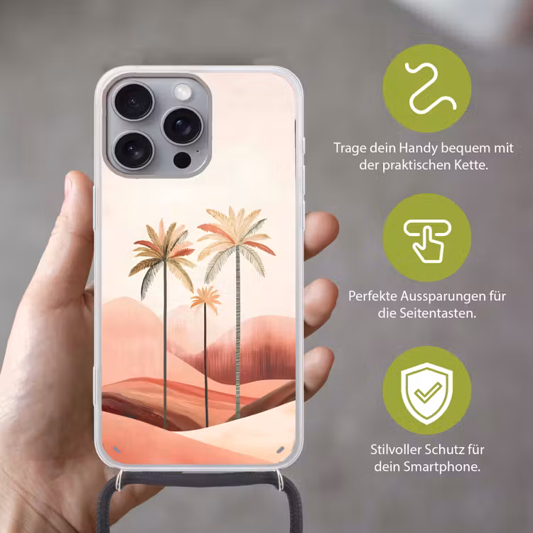 Palmbomen - Heuvels - Minimalistisch - Zachtroze Hoesje iPhone 16 Pro Max met koord klein -sfeer2_DE