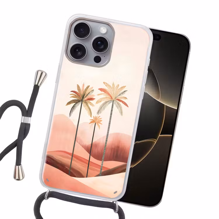 Palmbomen - Heuvels - Minimalistisch - Zachtroze Hoesje iPhone 16 Pro Max met koord klein -sfeer1
