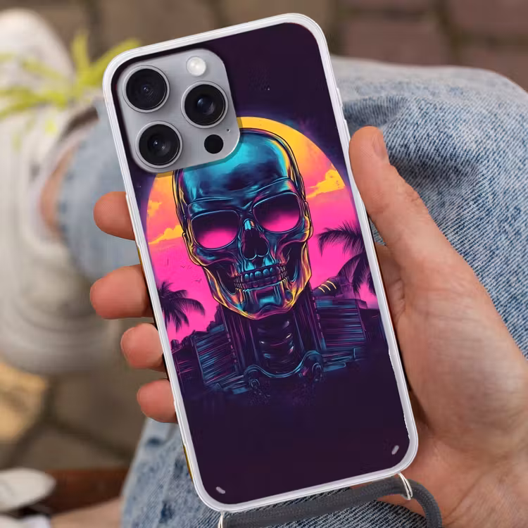 Palmbomen - Hoofd - Metallic - Zonsondergang Hoesje iPhone 16 Pro Max met koord klein -sfeer3
