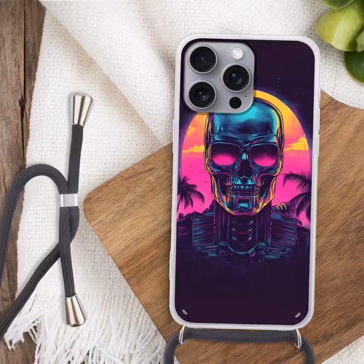 Palmbomen - Hoofd - Metallic - Zonsondergang Hoesje iPhone 16 Pro Max met koord klein -sfeer4