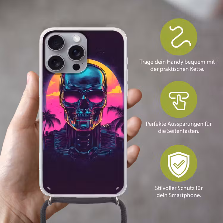 Palmbomen - Hoofd - Metallic - Zonsondergang Hoesje iPhone 16 Pro Max met koord klein -sfeer2_DE