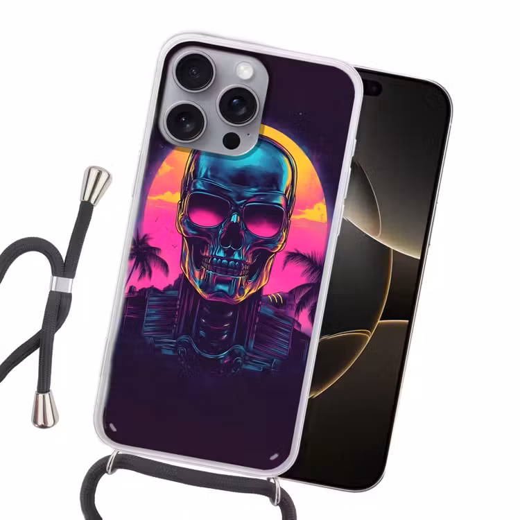 Palmbomen - Hoofd - Metallic - Zonsondergang Hoesje iPhone 16 Pro Max met koord klein -sfeer1