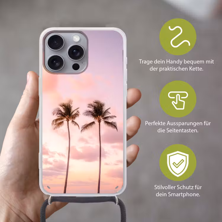 Palmbomen - Paars - Wolken - Lucht Hoesje iPhone 16 Pro Max met koord klein -sfeer2_DE