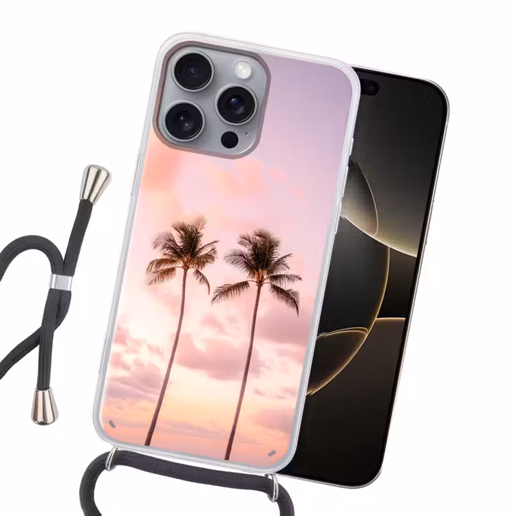 Palmbomen - Paars - Wolken - Lucht Hoesje iPhone 16 Pro Max met koord klein -sfeer1