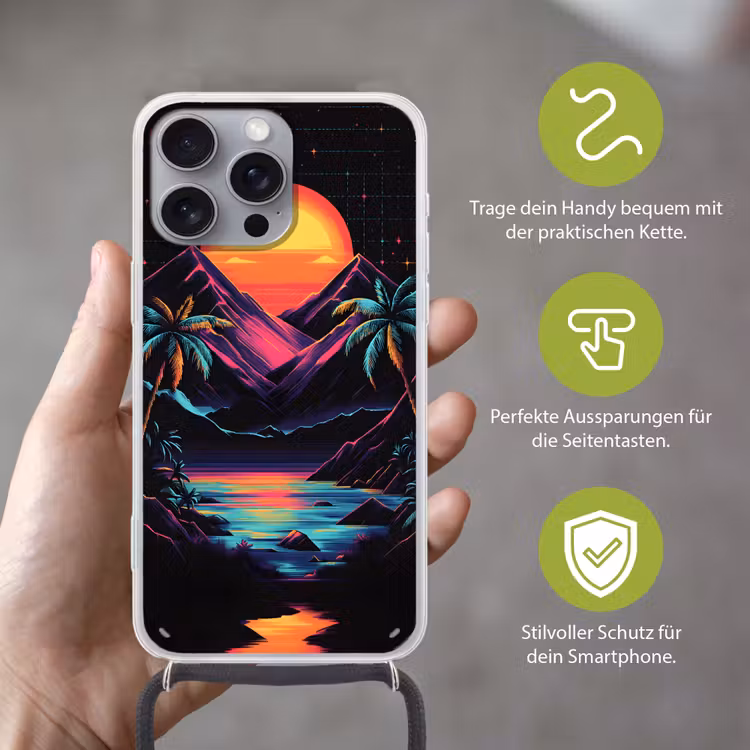 Palmbomen - Neonbergen - Sterrenhemel - Zon Hoesje iPhone 16 Pro Max met koord klein -sfeer2_DE