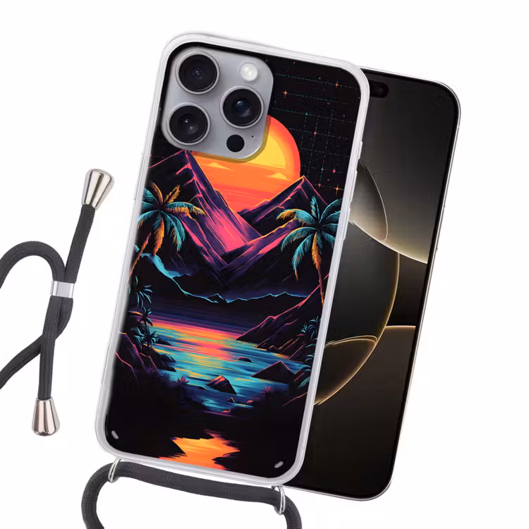 Palmbomen - Neonbergen - Sterrenhemel - Zon Hoesje iPhone 16 Pro Max met koord klein -sfeer1