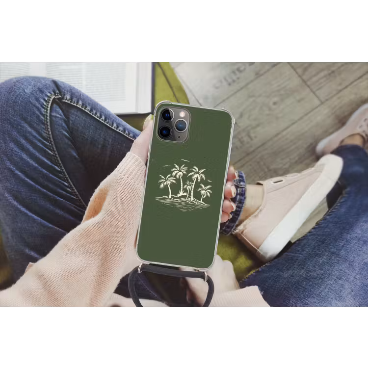 Palmbomen - Strand - Groen - Beige - Tropisch Hoesje iPhone 12 Pro met koord klein -hand