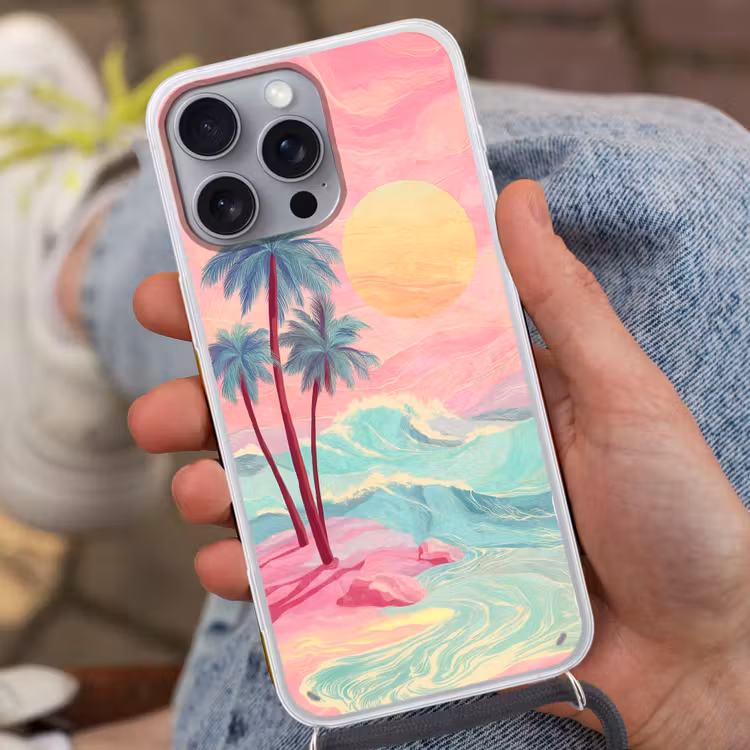 Palmbomen - Golven - Zee Hoesje iPhone 16 Pro Max met koord klein -sfeer3