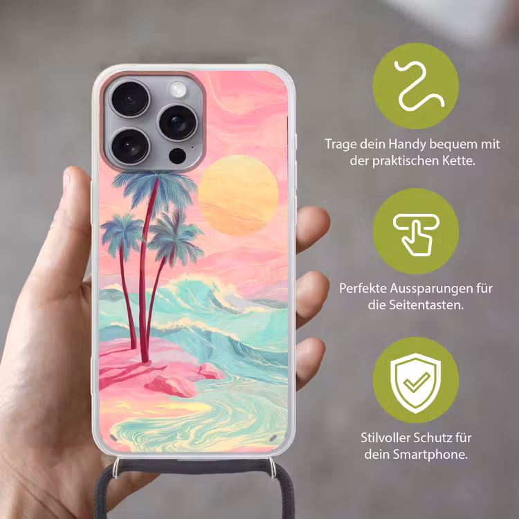 Palmbomen - Golven - Zee Hoesje iPhone 16 Pro Max met koord klein -sfeer2_DE