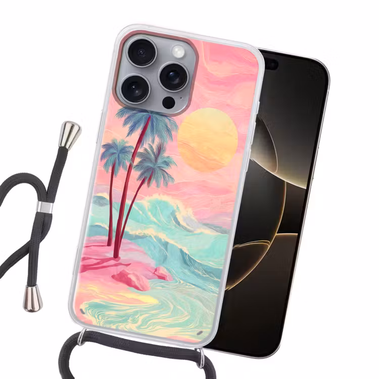 Palmbomen - Golven - Zee Hoesje iPhone 16 Pro Max met koord klein -sfeer1