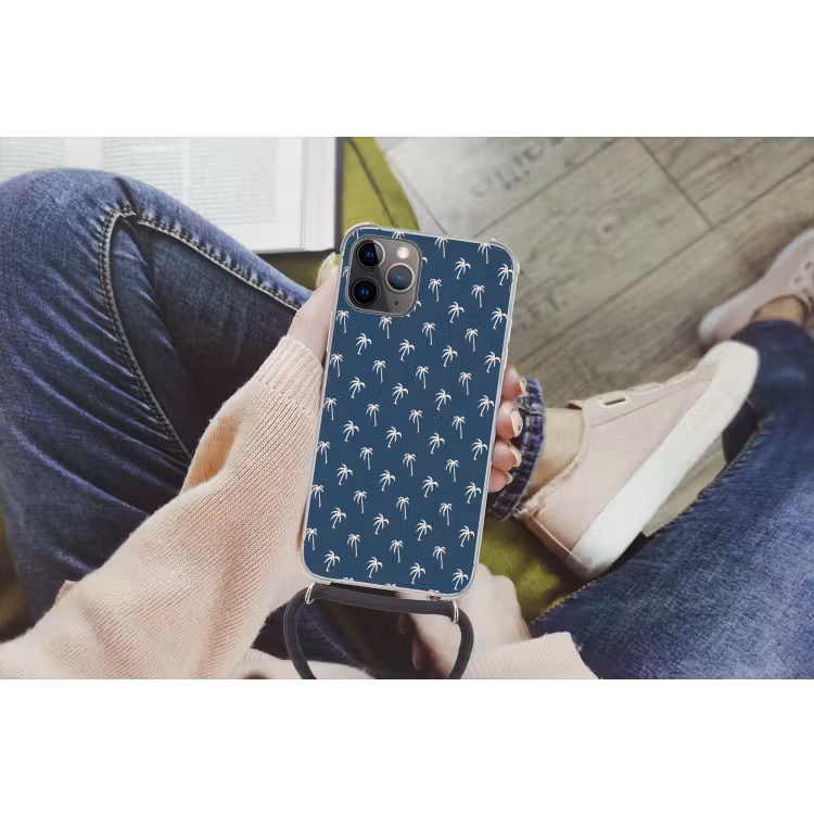 Palmboom patroon - Blauw - Beige - Zomer Hoesje iPhone 12 Pro met koord klein -hand