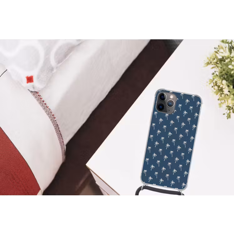 Palmboom patroon - Blauw - Beige - Zomer Hoesje iPhone 12 Pro met koord klein -kamer