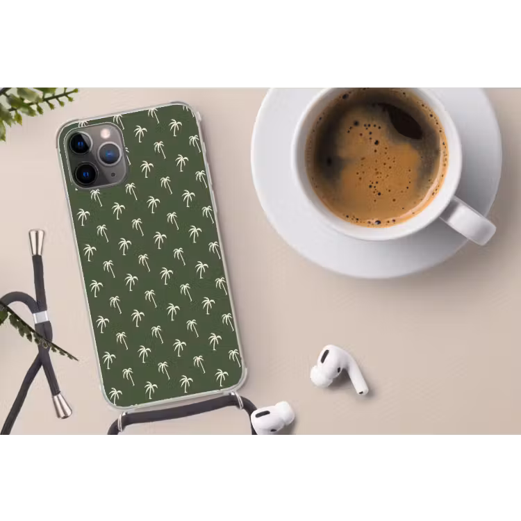 Palmboom patroon - Groen - Beige - Zomer Hoesje iPhone 12 Pro met koord klein -oordop