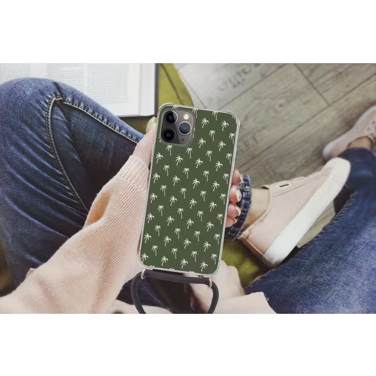 Palmboom patroon - Groen - Beige - Zomer Hoesje iPhone 12 Pro met koord klein -hand
