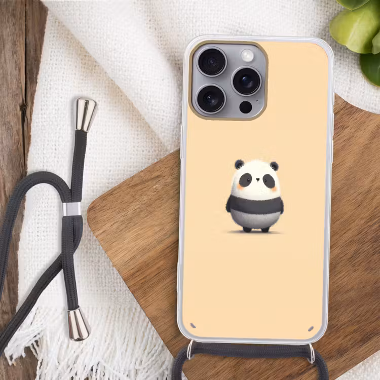 Panda - Beige - Minimalistisch Hoesje iPhone 16 Pro Max met koord klein -sfeer4