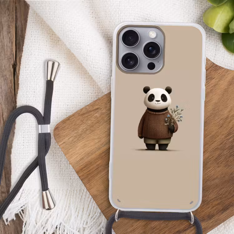 Panda - Blauwe bloemen - Zachtheid Hoesje iPhone 16 Pro Max met koord klein -sfeer4
