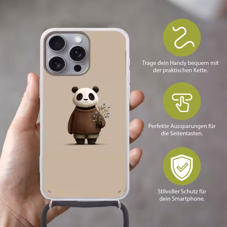 Panda - Blauwe bloemen - Zachtheid Hoesje iPhone 16 Pro Max met koord klein -sfeer2_DE