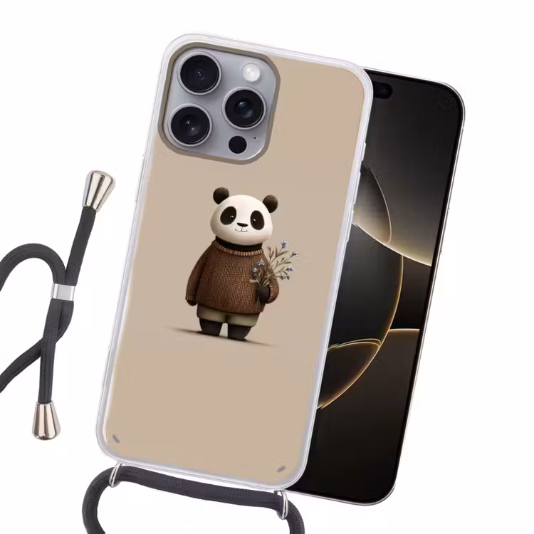 Panda - Blauwe bloemen - Zachtheid Hoesje iPhone 16 Pro Max met koord klein -sfeer1
