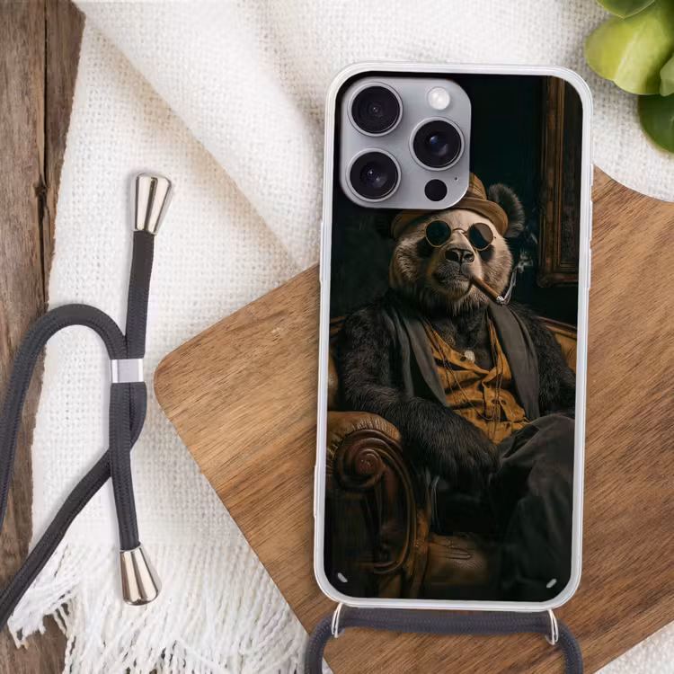 Panda - Hoed - Bril - Pak Hoesje iPhone 16 Pro Max met koord klein -sfeer4