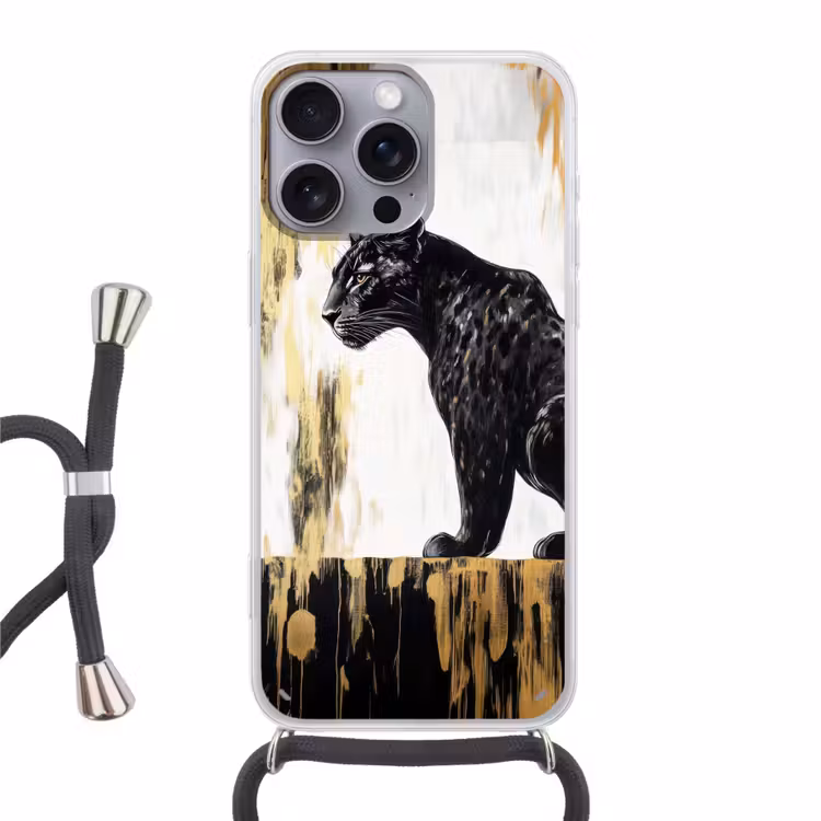 Panter - Zwart - Abstract - Goud Hoesje iPhone 16 Pro Max met koord klein -3d