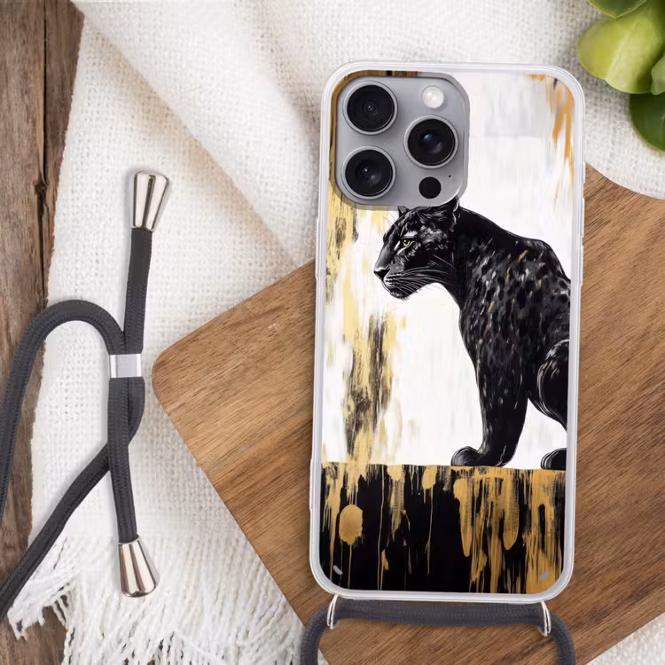 Panter - Zwart - Abstract - Goud Hoesje iPhone 16 Pro Max met koord klein -sfeer4