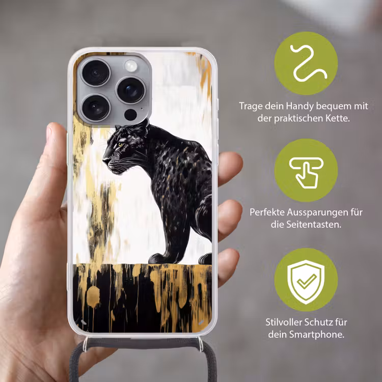 Panter - Zwart - Abstract - Goud Hoesje iPhone 16 Pro Max met koord klein -sfeer2_DE